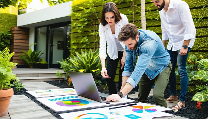 Digital marketing team working on social media strategy for landscaping business