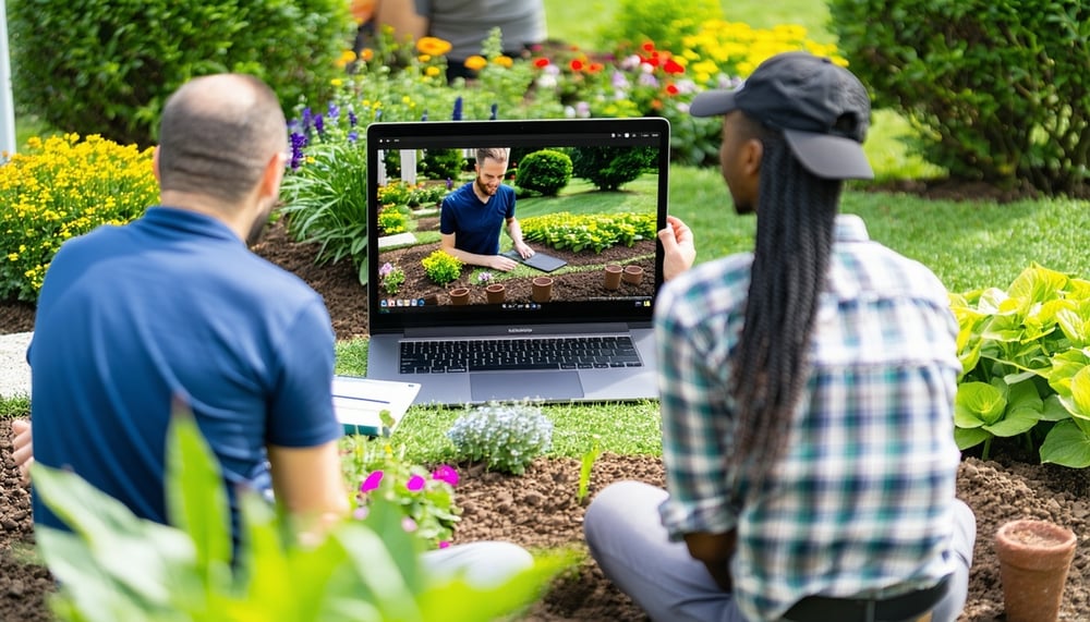 Landscaping team strategizing with a digital marketing expert